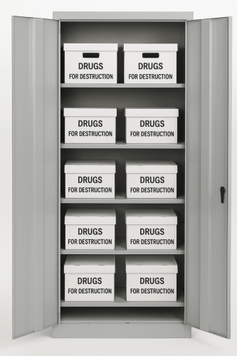 Storage Cabinet with Labeled Boxes